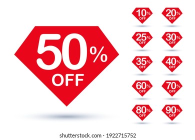 Diamond tag mark sale information coupon badge label set. Special price brilliant shape with different discount percent for clearance purchase vector illustration isolated on white background