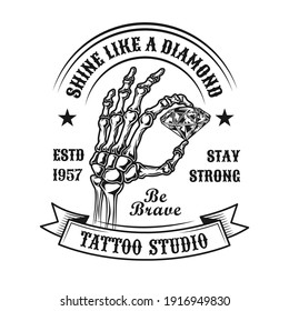 Diamond tattoo design. Monochrome element with skeleton hand holding brilliant vector illustration with text. Jewelry or reward concept for symbols and labels templates