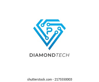 Símbolo del icono del logotipo de la tecnología de los diamantes Diseño con el diseño del logotipo de la carta P. Tech. Plantilla de logotipo de ilustración de vector