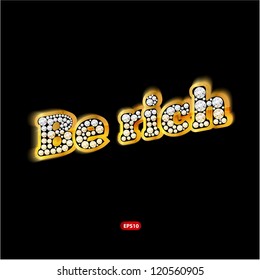 Diamond text on golden background. Vector gems.
