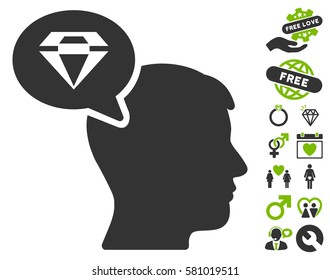 Diamond Thinking icon with bonus decorative graphic icons. Vector illustration style is flat iconic eco green and gray symbols on white background.