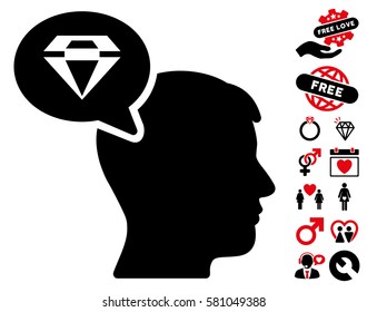 Diamond Thinking icon with bonus romantic graphic icons. Vector illustration style is flat iconic intensive red and black symbols on white background.