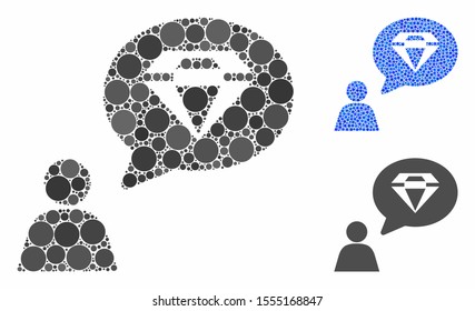 Diamond thinking person composition of filled circles in various sizes and color tinges, based on diamond thinking person icon. Vector filled circles are combined into blue collage.