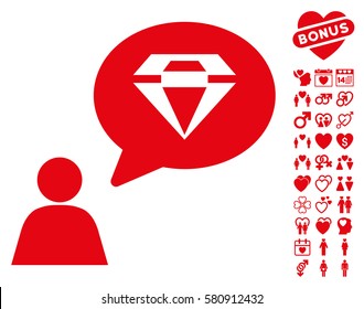 Diamond Thinking Person icon with bonus valentine images. Vector illustration style is flat iconic red symbols on white background.