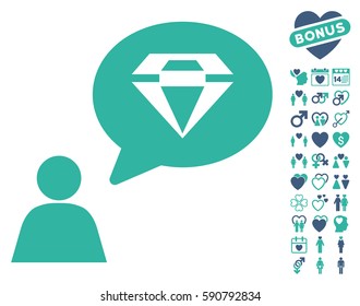 Diamond Thinking Person icon with bonus decorative graphic icons. Vector illustration style is flat iconic cobalt and cyan symbols on white background.