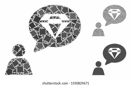 Diamond thinking person mosaic of rough items in various sizes and shades, based on diamond thinking person icon. Vector rough dots are combined into collage.