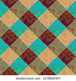 Diamond tiles with marble texture. Abstract geometric seamless pattern. Yellow, gray, brown, blue, gold colors