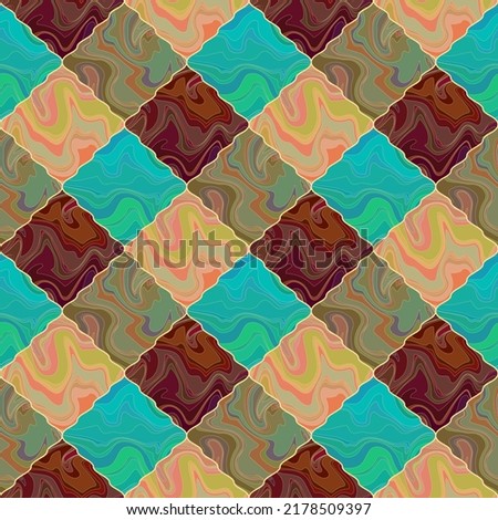 Diamond tiles with marble texture. Abstract geometric seamless pattern. Yellow, gray, brown, blue, gold colors