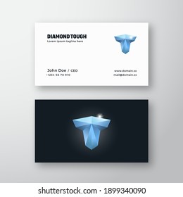 Diamond Tough Abstract Modern Vector Logo and Business Card Template. Polygon Glass Letter T with Typography. Strong Emblem Concept. Premium Stationary Realistic Mock Up. Isolated.