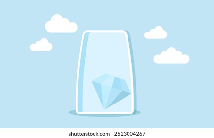 A diamond trapped inside a glass, an illustration of a brilliant business idea being saved or a valuable asset reserved for future use when needed.