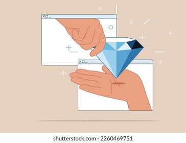 Diamond with two hands coming out of browser pass each other a  symbol diamond. Internet online. Flat vector illustration
