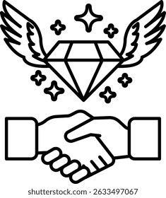 A diamond and two hands shaking hands. The diamond is surrounded by stars and the hands are in a handshake. Concept of a strong bond or partnership between two people