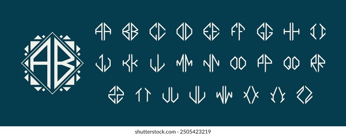 Diamond two letters monogram kit. Rhomb initials emblem design with geometric alphabet font letters. Individual label stamp customizable typography vector template.