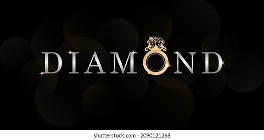 Diamond Typeface Illustration Of Ring And Diamond. Gold And Silver Colors Design. Applicable For Banner, Poster, Background For Jewelry And Gemstone Store.