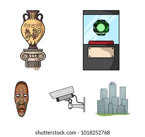 A diamond, a vase on a stand, a surveillance camera, an African mask. Museum set collection icons in cartoon style vector symbol stock illustration web.