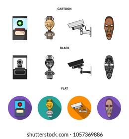 A diamond, a vase on a stand, a surveillance camera, an African mask. Museum set collection icons in cartoon,black,flat style vector symbol stock illustration web.