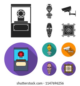 A diamond, a vase on a stand, a surveillance camera, an African mask. Museum set collection icons in black, flat style vector symbol stock illustration web.