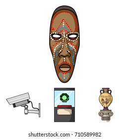 A diamond, a vase on a stand, a surveillance camera, an African mask. Museum set collection icons in cartoon style vector symbol stock illustration web.