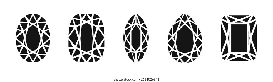 Diamond vector icons. Gemstone silhouettes. Black Gemstone Vector Silhouettes with Geometric Cuts