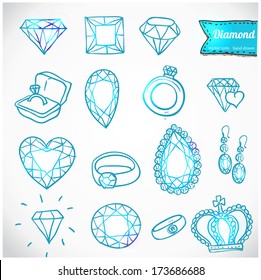 Diamond vector icons set, doodles design element