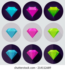 Diamond vector icons set in realistic, flat styles