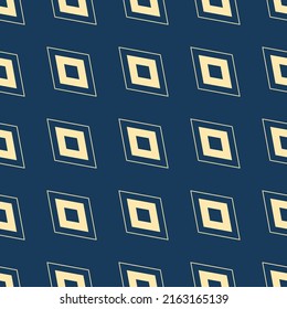 Diamond vector pattern. Stylish geometric seamless ornament with outline rhombus shapes in diagonal grid. Abstract dark blue and yellow graphic texture. Simple minimal background. Repeat geo design