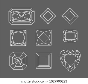 Diamond. Vector set of gems drawing line. Crystal forms. Geometric shapes of precious stones. Jewelry outline contour. Geometry figures. Diamond design elements.