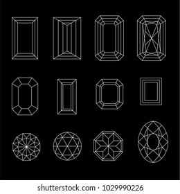 Diamond. Vector set of gems drawing line. Crystal forms. Geometric shapes of precious stones. Jewelry outline contour. Geometry figures. Diamond design elements.