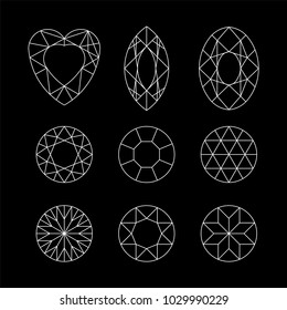 Diamond. Vector set of gems drawing line. Crystal forms. Geometric shapes of precious stones. Jewelry outline contour. Geometry figures. Diamond design elements.
