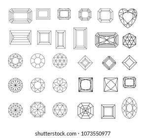 Diamond. Vector set of gems drawing line. Crystal forms. Geometric shapes of precious stones. Jewelry outline contour. Geometry figures. Diamond design elements.
