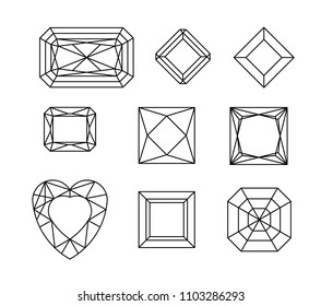 Diamante. Conjunto vectorial de líneas de dibujo de gemas. Formas de cristal. Formas geométricas de piedras preciosas. Contorno de esqueleto de joyería. Cifras geométricas. Elementos de diseño de diamantes.