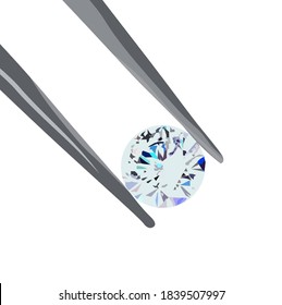 Diamond Vector Stock Illustration. A 7-carat Gem In Tweezers. Jewelry Work On Sapphire Cutting. Isolated On A White Background.