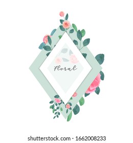 marcos de diamante vintage con flores florecen y hojas. Imagen vectorial