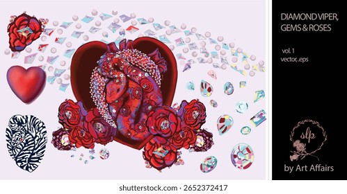 DIAMOND VIPER: and zebra snake in rockstar red and  passionate purple; the shape of an anatomical human heart with whimsical hearts, glittering gemstones and crimson roses.