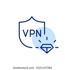 Diamond and VPN shield. Top-tier protection for personal and financial information. Premium account. Pixel perfect vector icon