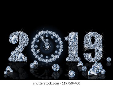 Diamond wallpaper with xmas clock, Happy New 2019 Year, vector illustration