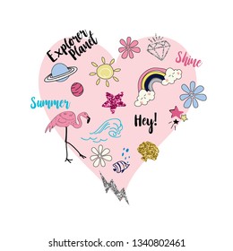 diamond wave shell heart love pink sun flower glitter star flamingo planet girl tee illustration art vector 