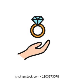 diamond wedding ring with hand icon. marriage proposal illustration. simple clean colored symbol.