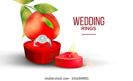 Diamond Wedding Ring In Shape Of Heart Box Vector. Modern Banner With Gift For Beautiful Woman Silver Ring With Gemstone Decorate Burning Candle And Branch With Green Leaves. Realistic 3d Illustration