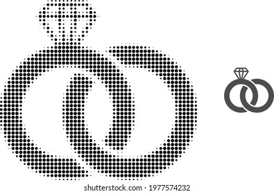 Diamond wedding rings halftone dotted icon illustration. Halftone pattern contains round elements. Vector illustration of diamond wedding rings icon on a white background.