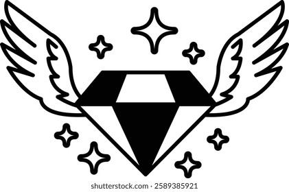A diamond with wings above it