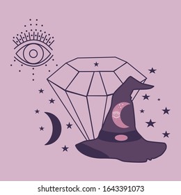 diamond, witch hat and celestials, vector illustration, perfect to use on the web or in print