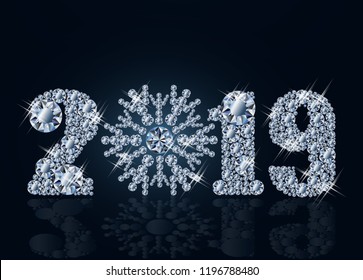 Diamond xmas snowflake, Happy New 2019 Year card, vector illustration