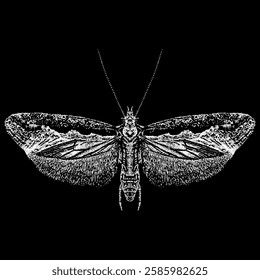 diamondback moth hand drawing vector isolated on black background.