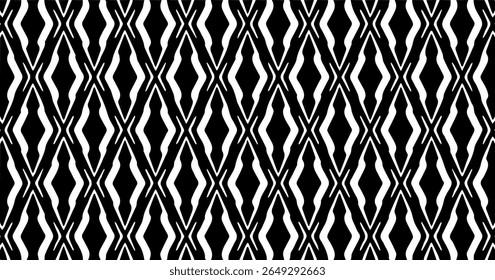 Padrão abstrato preto e branco com base em diamante com influência tribal e linhagem em camadas formando um ritmo visual sem costura.