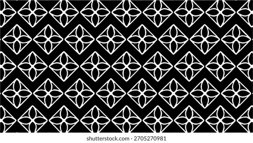 Diamond-based geometric pattern with symmetrical inner shapes in a repeating black and white layout.
