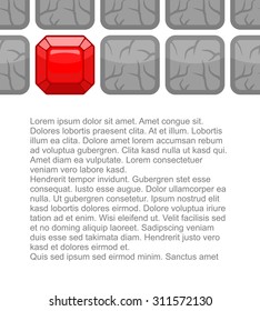 Diamonds among gray stones. Ruby in  soil. Background for presentations. Vector illustration. Red gem.