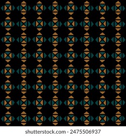 diamonds of blue and gold hand drawn triangles. folk decorative art. black repetitive background. vector seamless pattern. geometric fabric swatch. wrapping paper. design template for textile, linen 