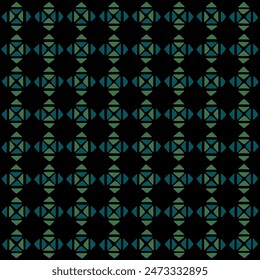 diamonds of blue and green hand drawn triangles. folk decorative art. black repetitive background. vector seamless pattern. geometric fabric swatch. wrapping paper. design template for textile, linen 