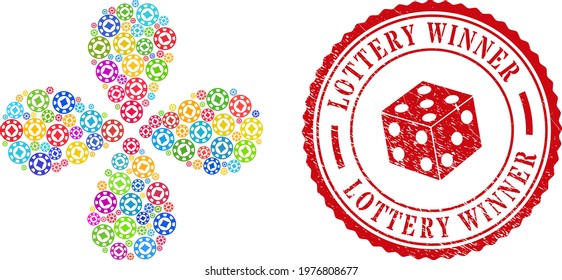 Diamonds casino chip colored curl flower with 4 petals, and red round LOTTERY WINNER grunge stamp imitation. Diamonds casino chip symbol inside round stamp seal.